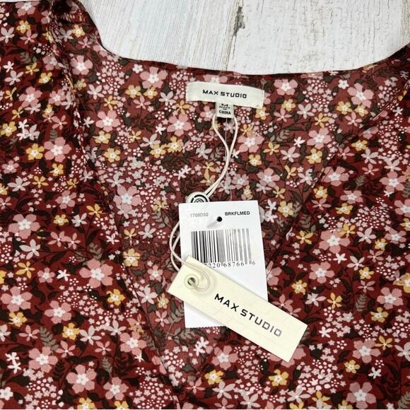 NWT Max Studio Brick Red Faux-Wrap Ditsy Floral Ruffle Long Sleeve Blouse Top M - Picture 11 of 12